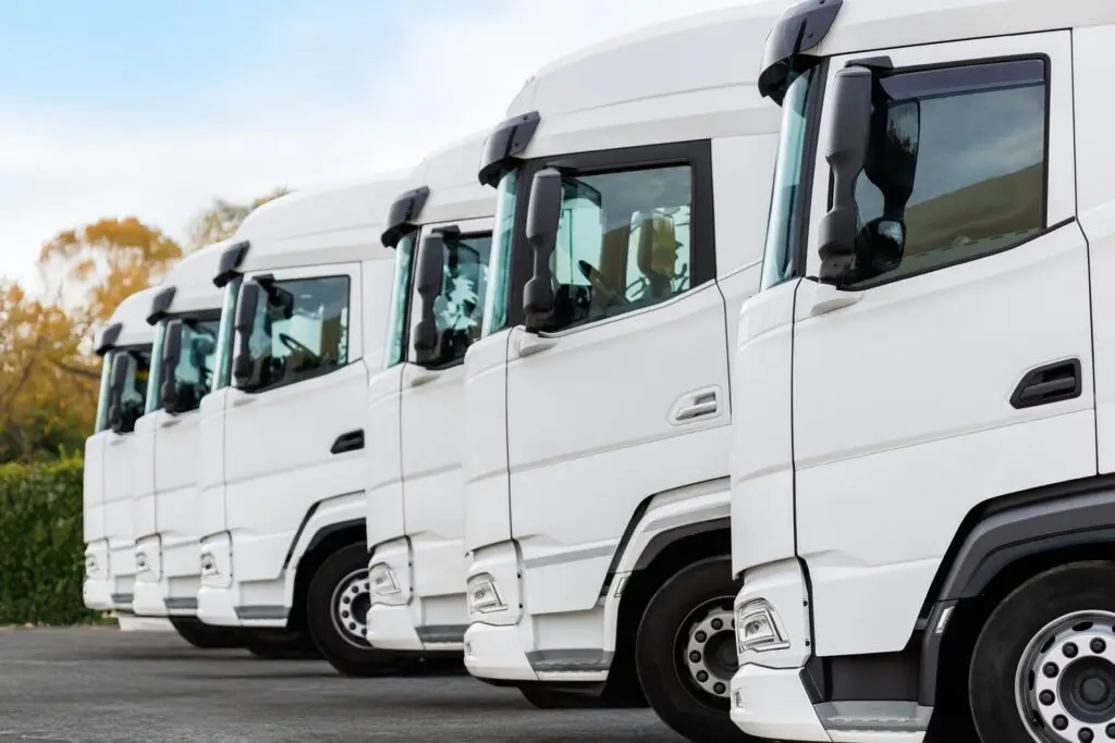 Fleet of white lorries prepared for UK road freight deliveries.