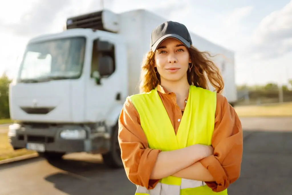Female lorry driver standing confidently in front of freight truck.