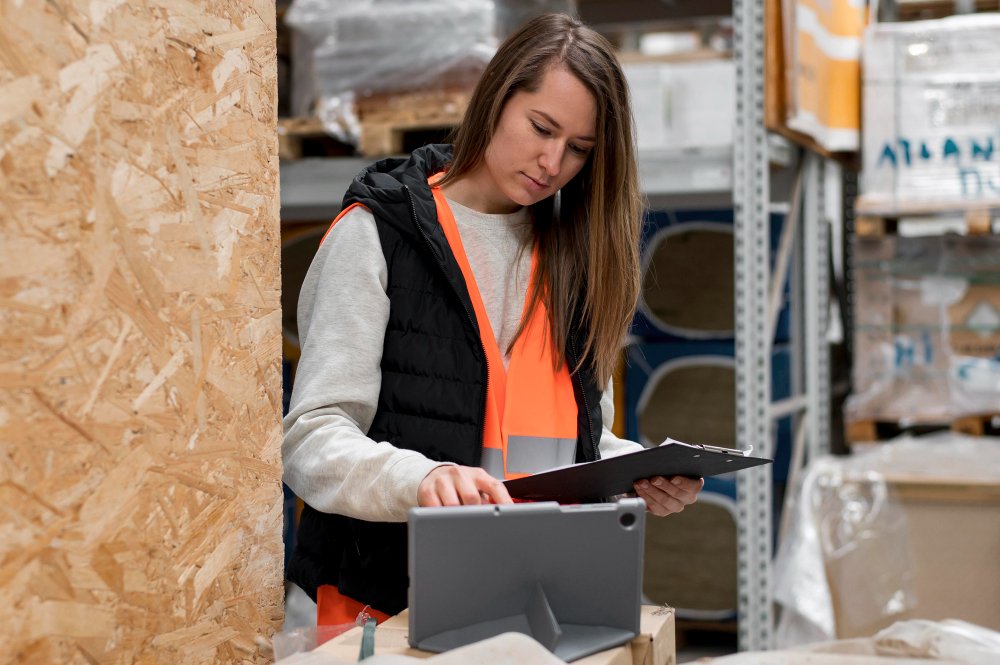 Inventory manager scanning pallets in racking