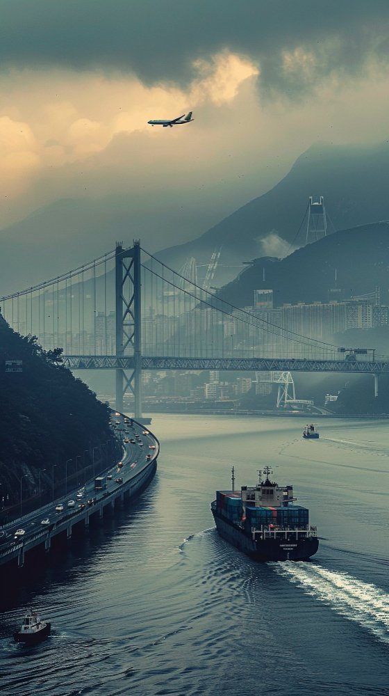 Container ship and air cargo departing Hong Kong for the UK