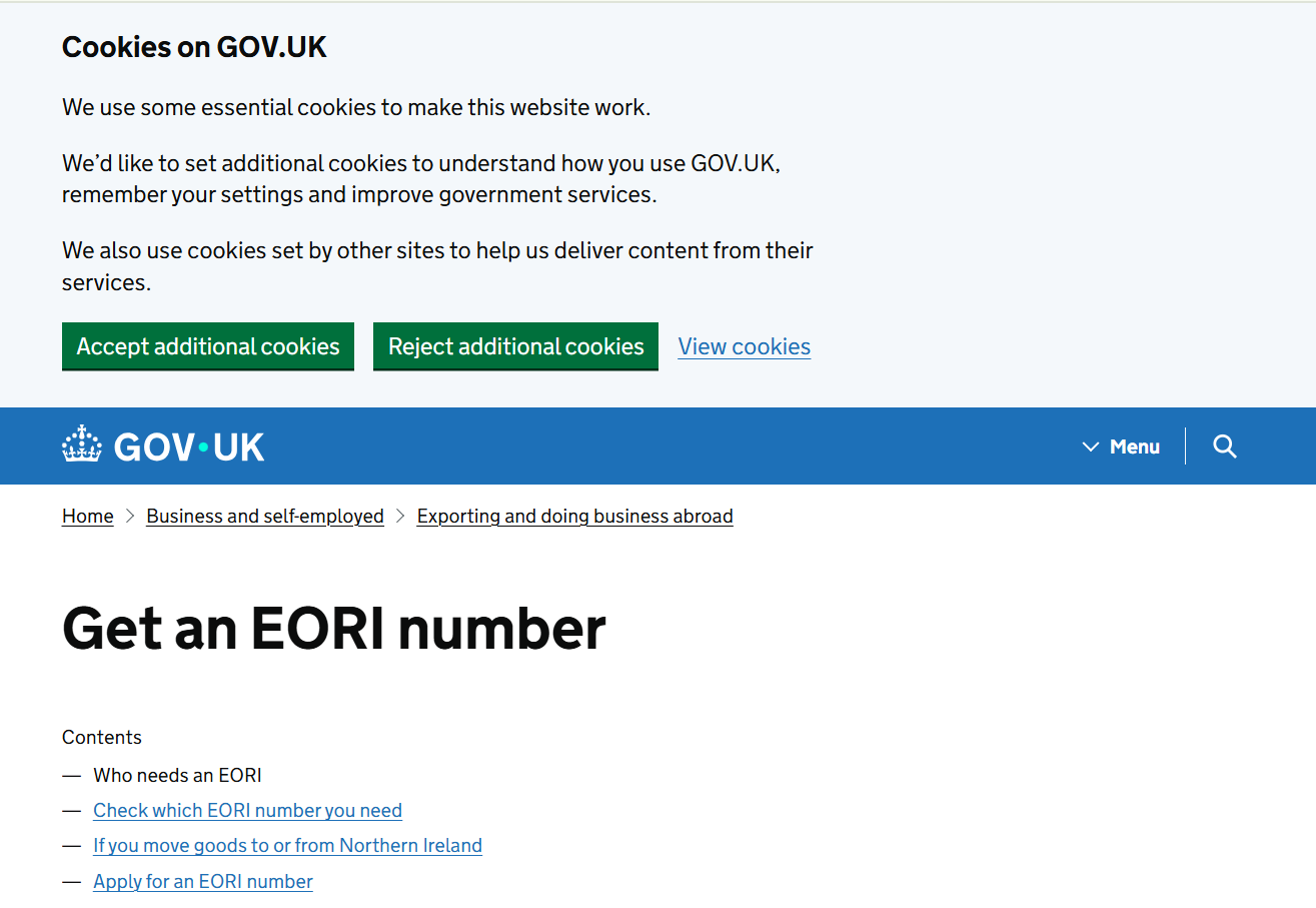 Screenshot of GOV.UK EORI guidance page
