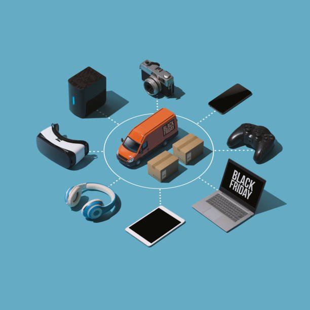 Collage of electronics, fashion, documents, parcels, high-value goods